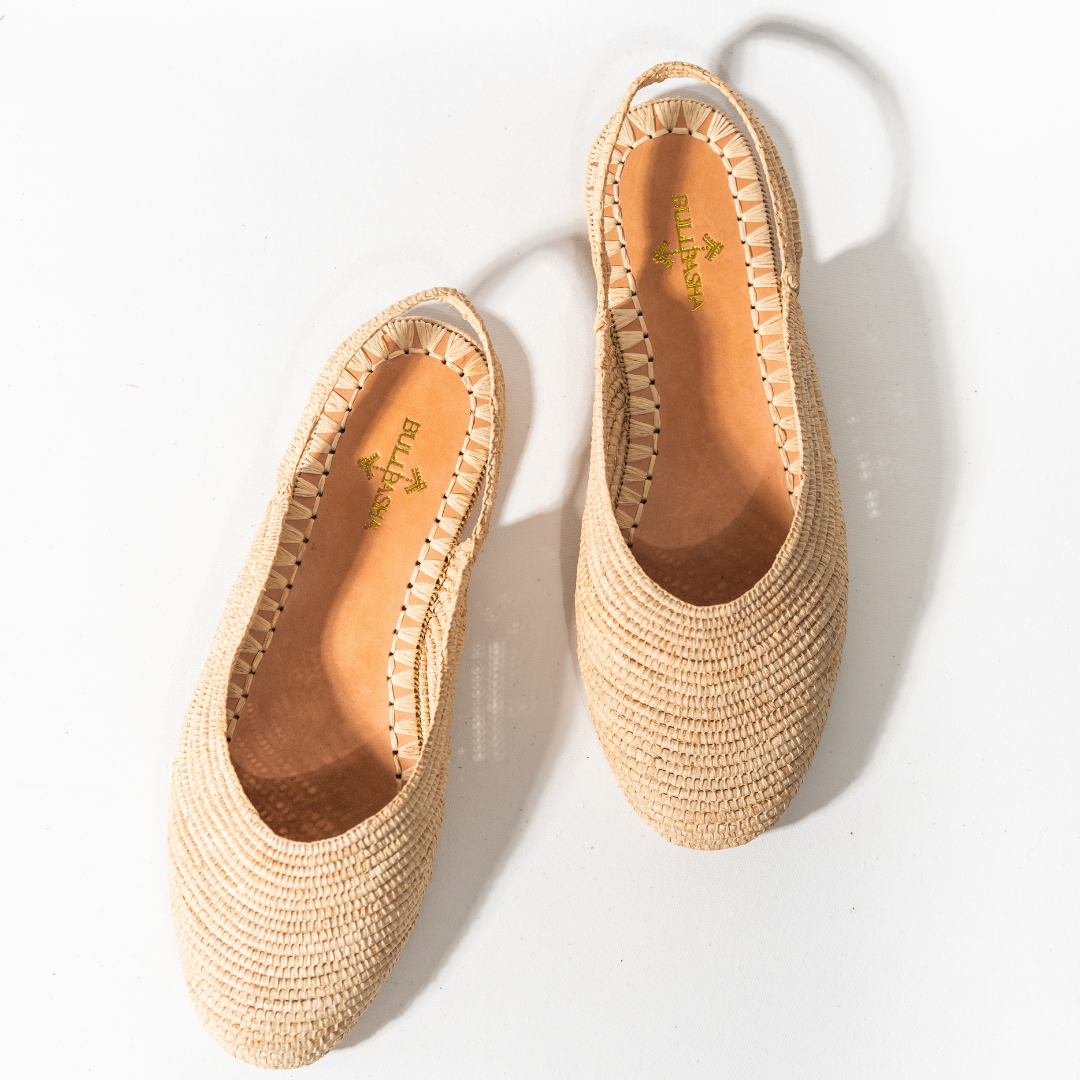Mazir slingback flats in natural beige from above, the woven uppers in view