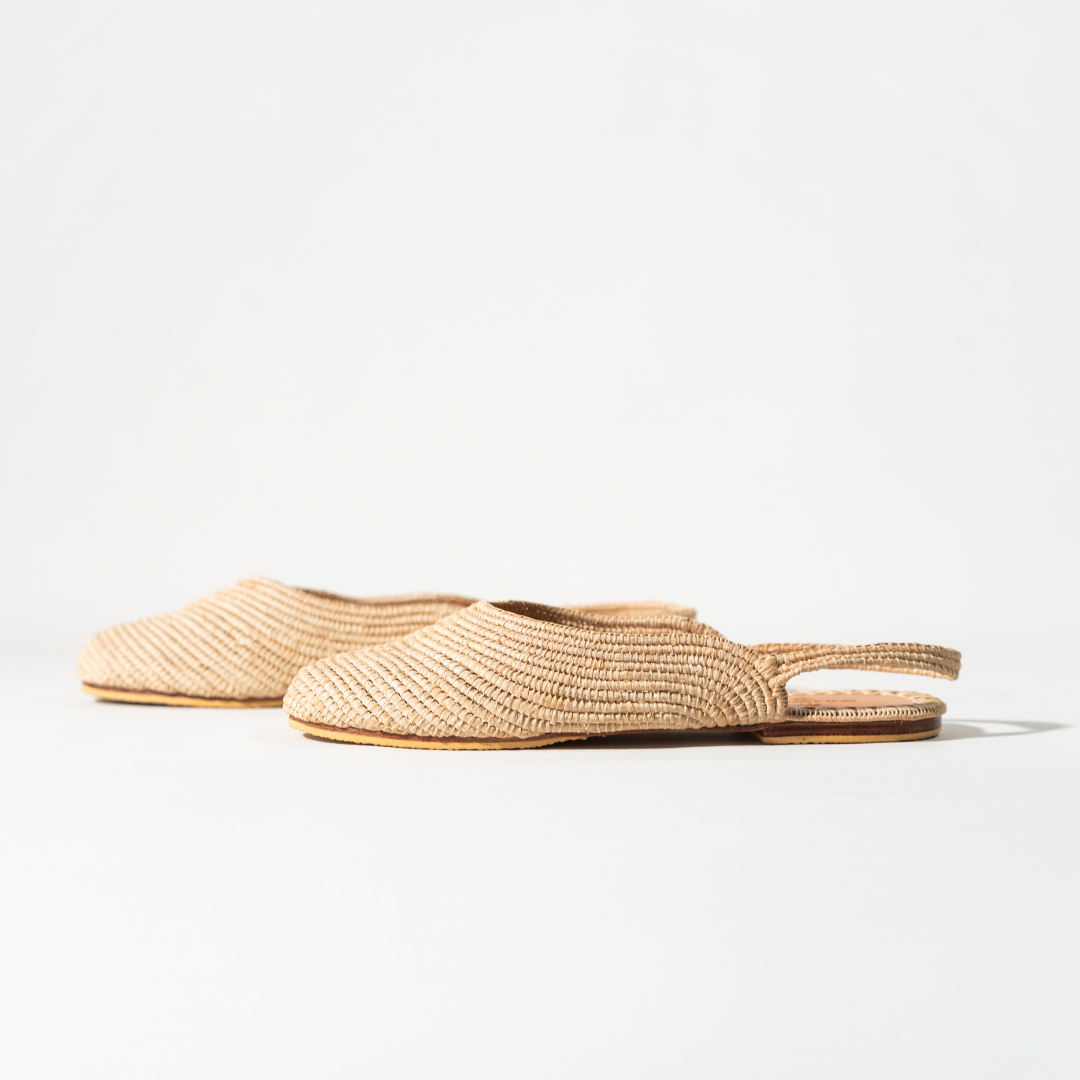 Mazir flats in profile, the flat sole and low woven front in view