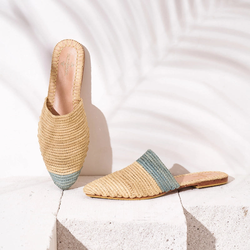 Babouche Zegiga Neutral Aero Blue, sustainable, handmade sandals made from natural materials by Bulibasha