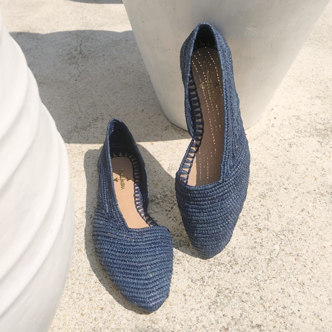 Ayyur Blue, sustainable, handmade flats made from natural materials by Bulibasha