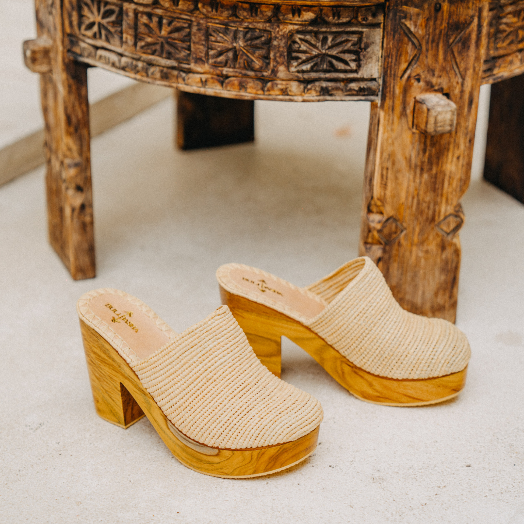 Ourida Neutral Beige Teak Wood Platform Heels