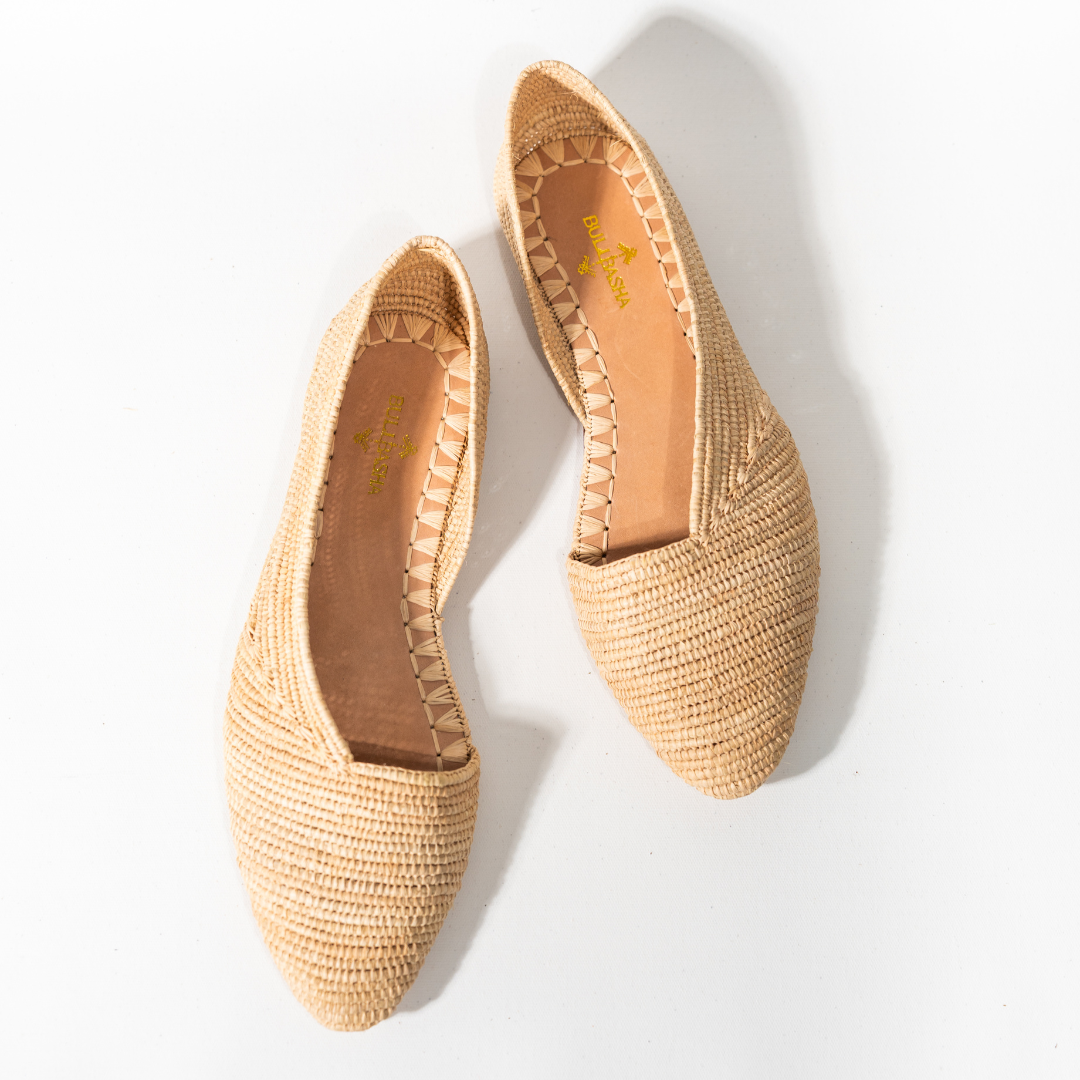 Ayyur flats in natural beige, pointed handwoven tropical tree fiber shoes