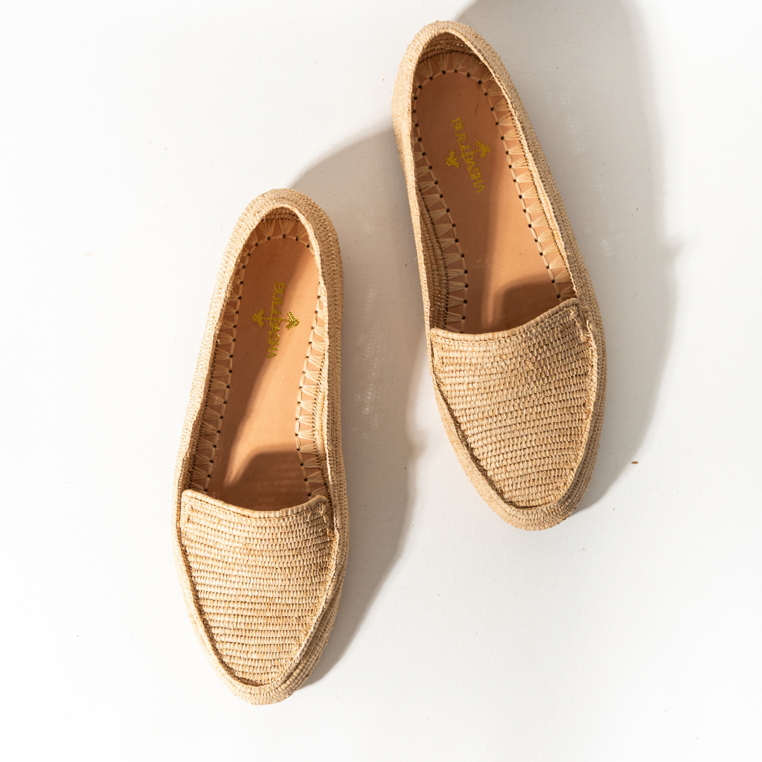 Mouna loafers in natural beige, handwoven tropical tree fiber seen from above