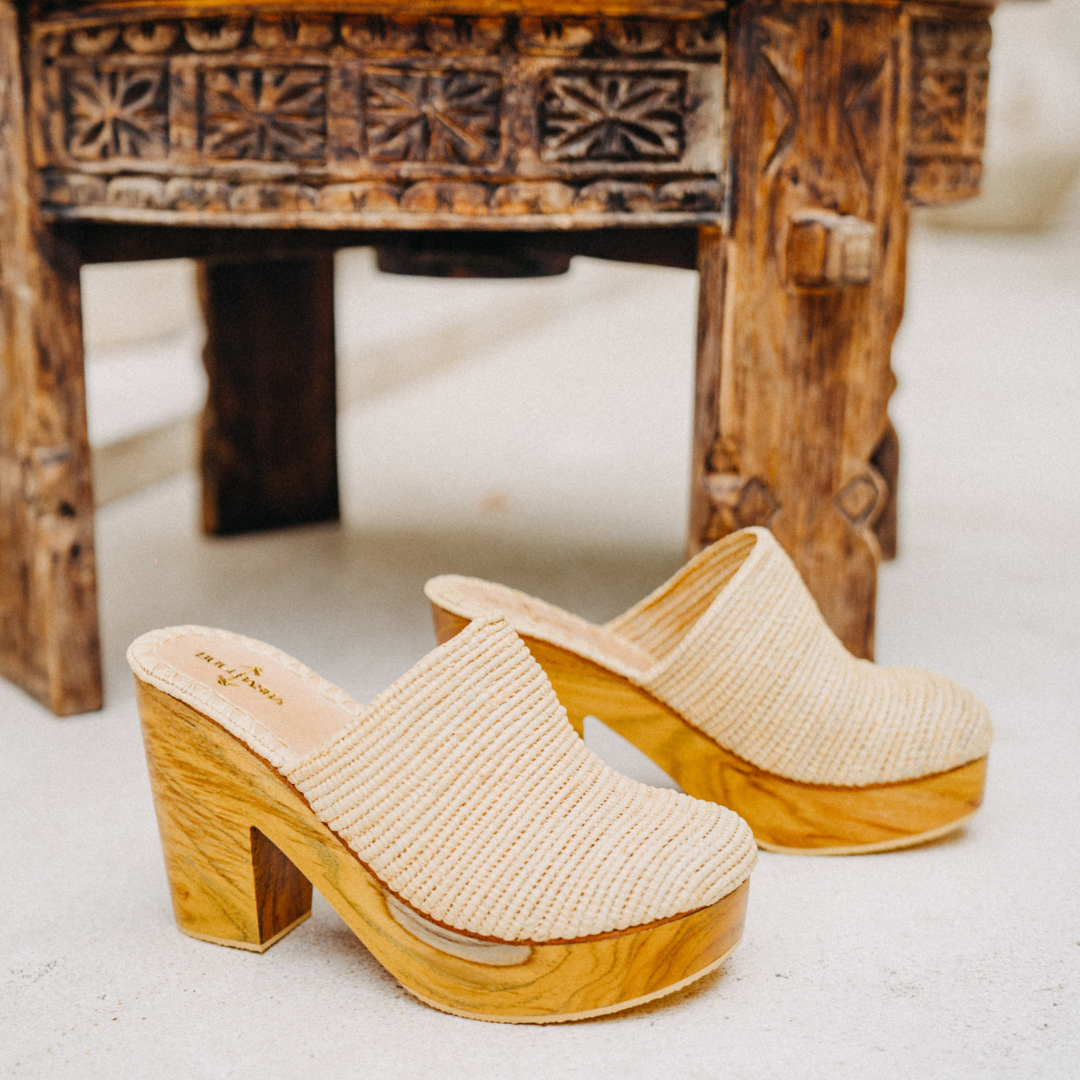 Ourida Neutral Beige Teak Wood Platform Heels