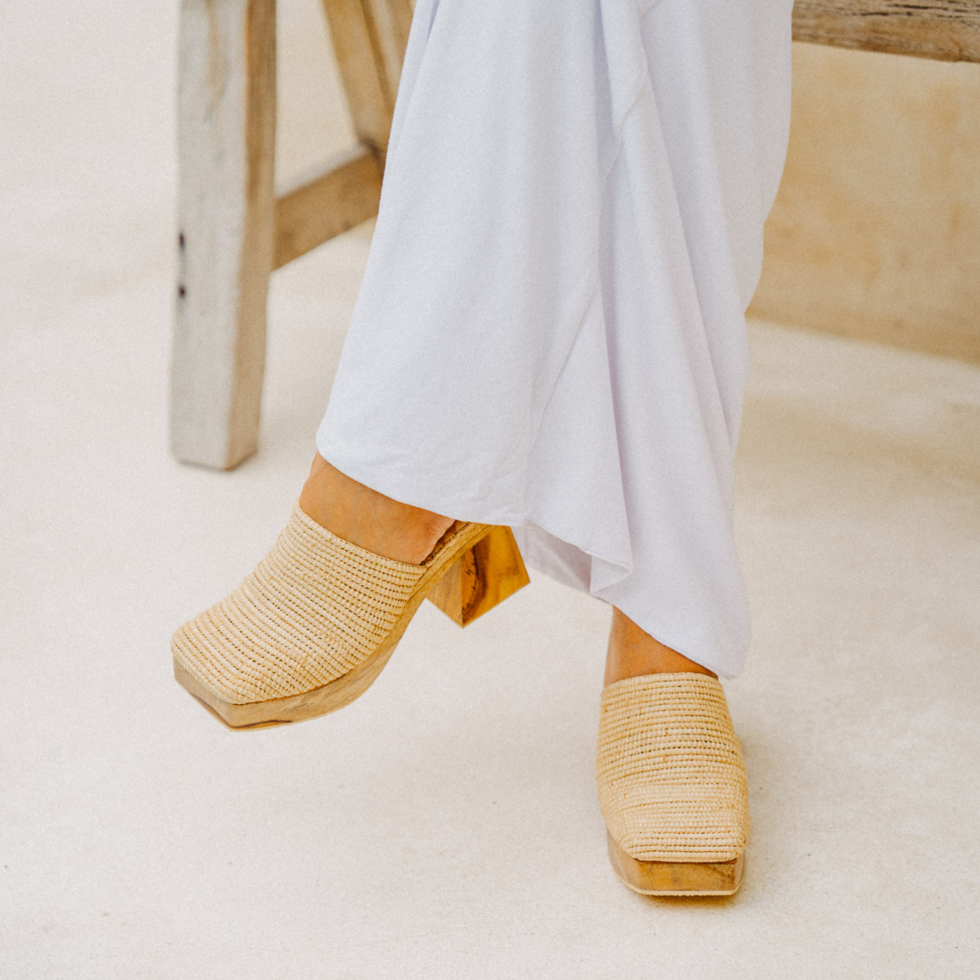 Kahina Natural Beige Teak Wood Platform Heels