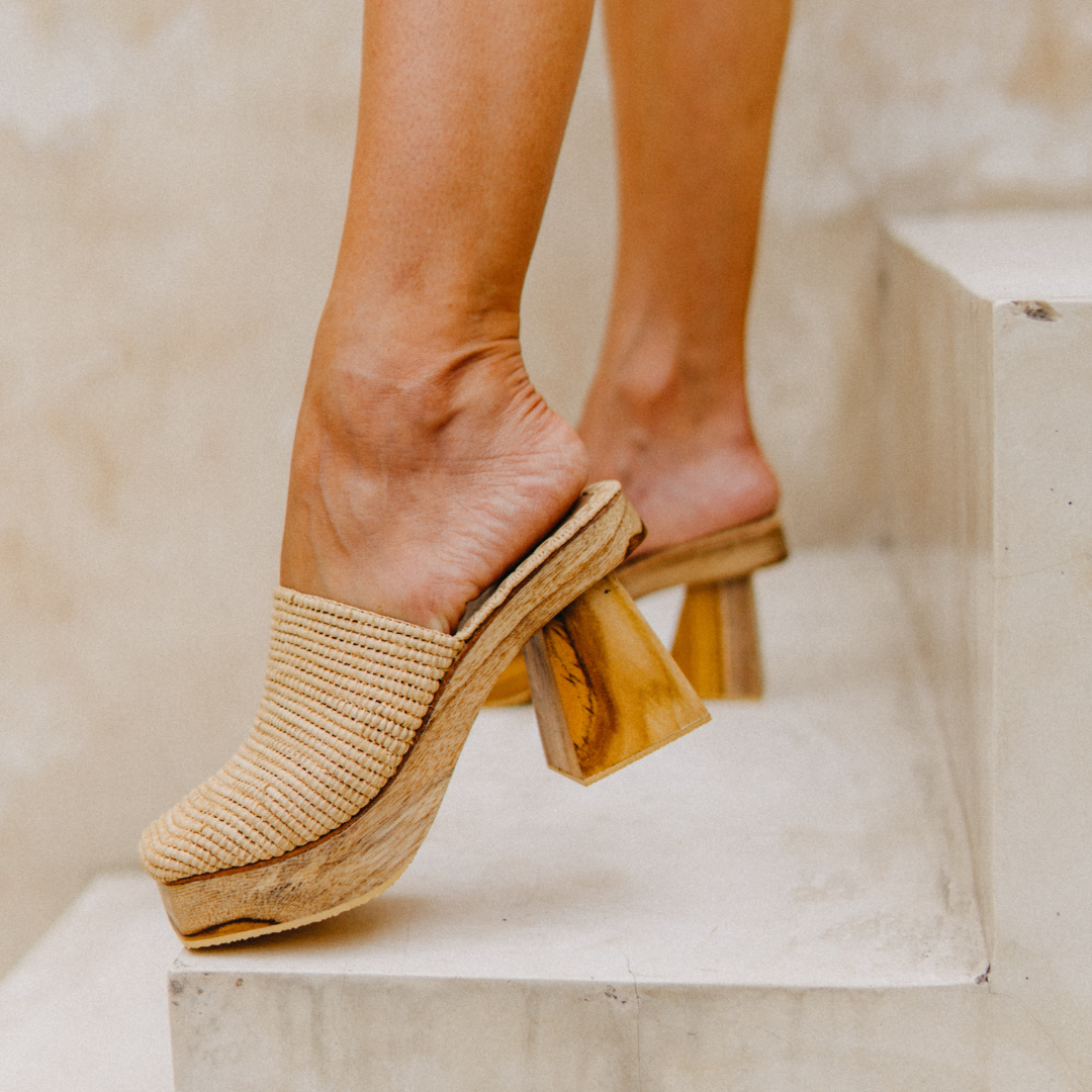 Kahina Natural Beige Teak Wood Platform Heels