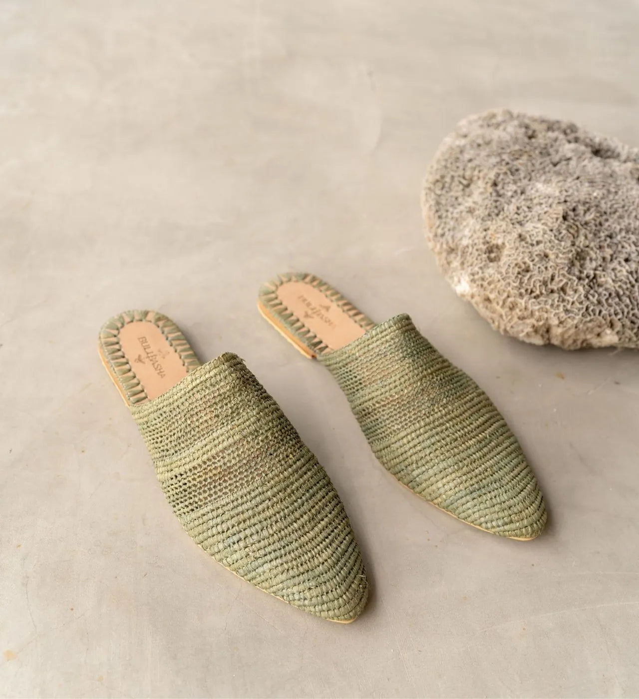 Babouche Tayri Green, sustainable, handmade sandals made from natural materials by Bulibasha