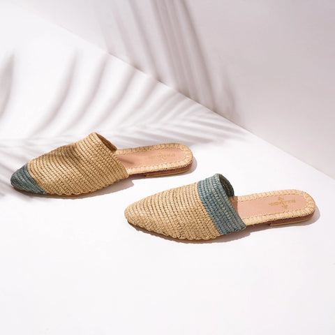 Babouche Zegiga Neutral Aero Blue, sustainable, handmade sandals made from natural materials by Bulibasha