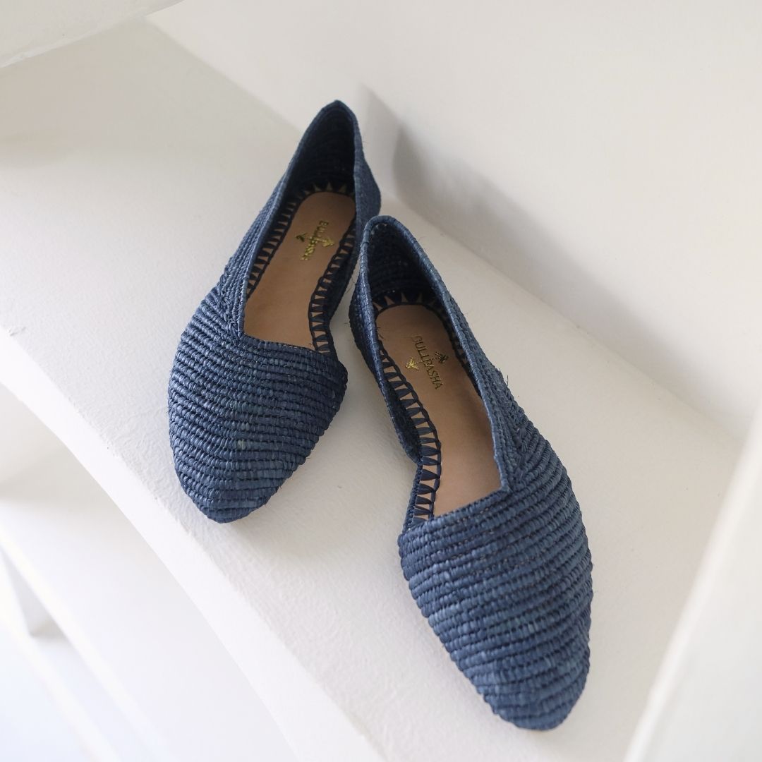 Ayyur Blue, sustainable, handmade flats made from natural materials by Bulibasha