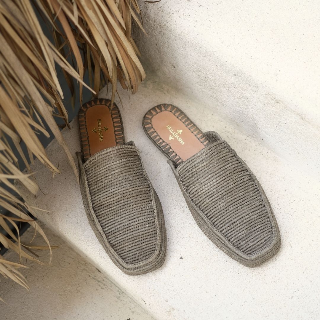 Munatas Gray, sustainable, handmade sandals made from natural materials by Bulibasha